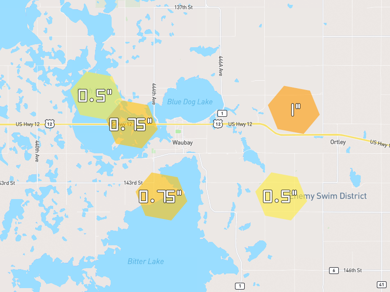 Hail map of Waubay, SD on Jul 7, 2026, hail up to 1"