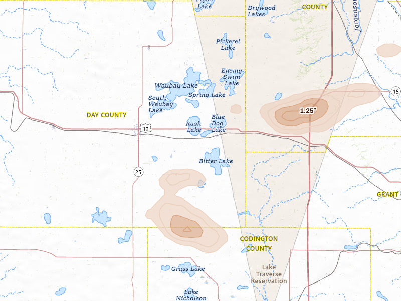 Radar-estimated hail-size map of the storm over Waubay, SD on Aug 6, 2026