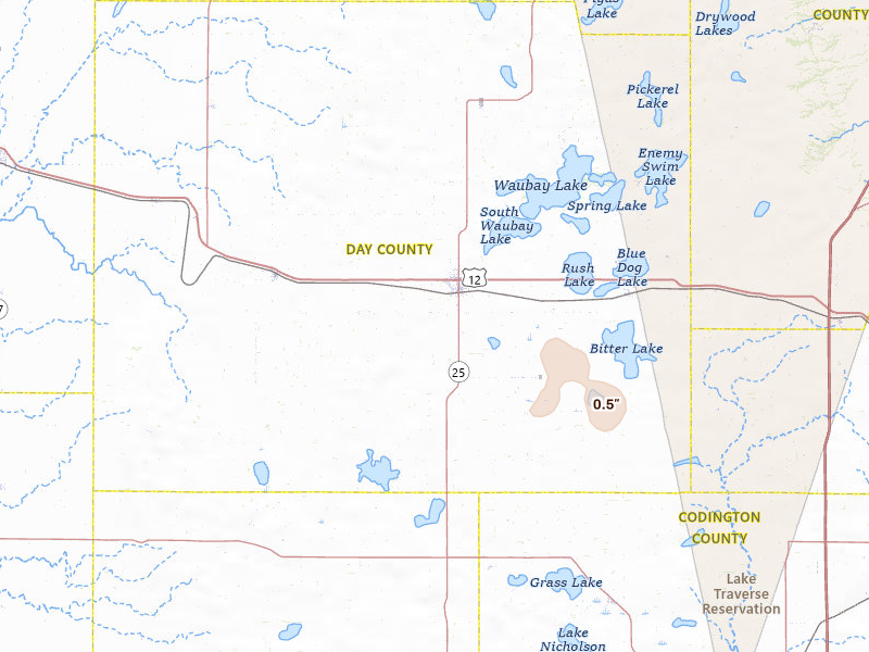 Radar-estimated hail-size map of the storm over Webster, SD on May 26, 2026