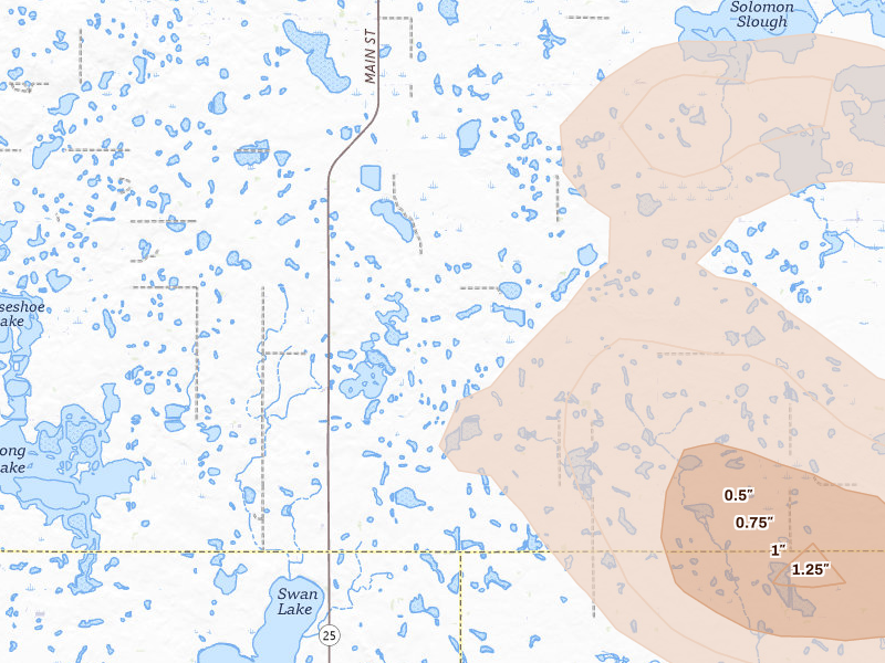 Radar-estimated hail-size map of the storm over Webster, SD on Aug 6, 2026