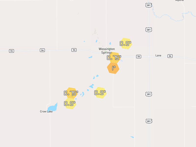 Hail map of Wessington Springs, SD on Jun 1, 2026, hail up to 1"