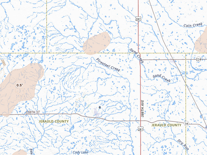 Radar-estimated hail-size map of the storm over Wessington Springs, SD on Jun 3, 2026