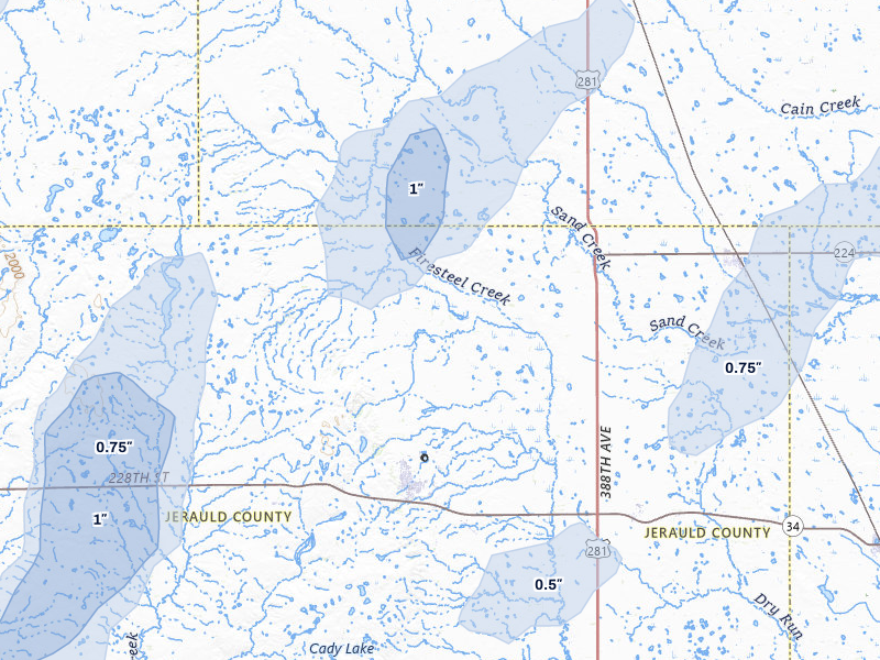 NEXRAD radar-signature map of the hail storm over Wessington Springs, SD on Jun 3, 2026