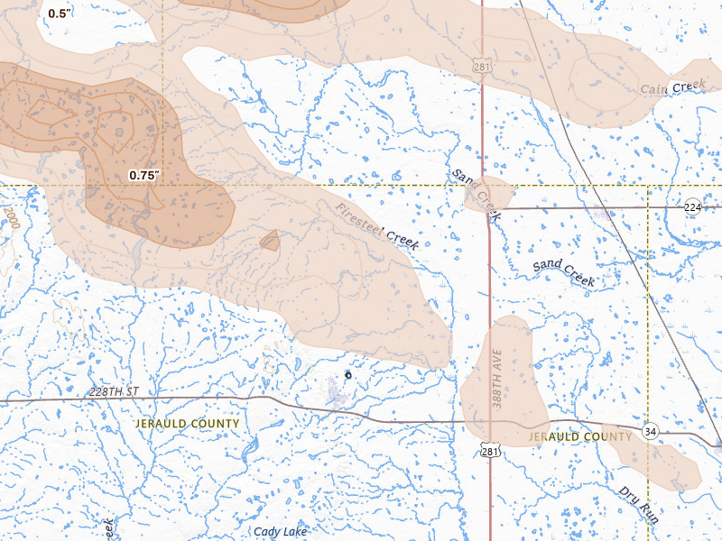 Radar-estimated hail-size map of the storm over Wessington Springs, SD on Jun 4, 2026