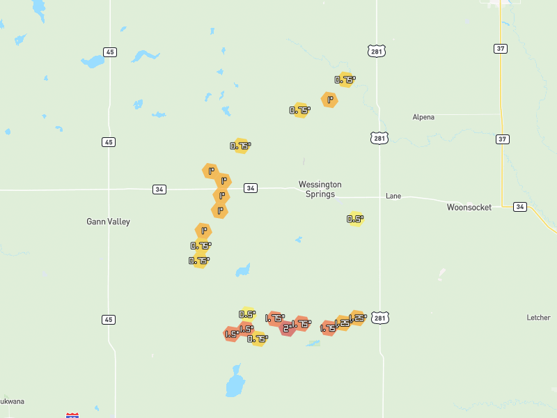 Hail map of Wessington Springs, SD on Jun 4, 2026, hail up to 2"