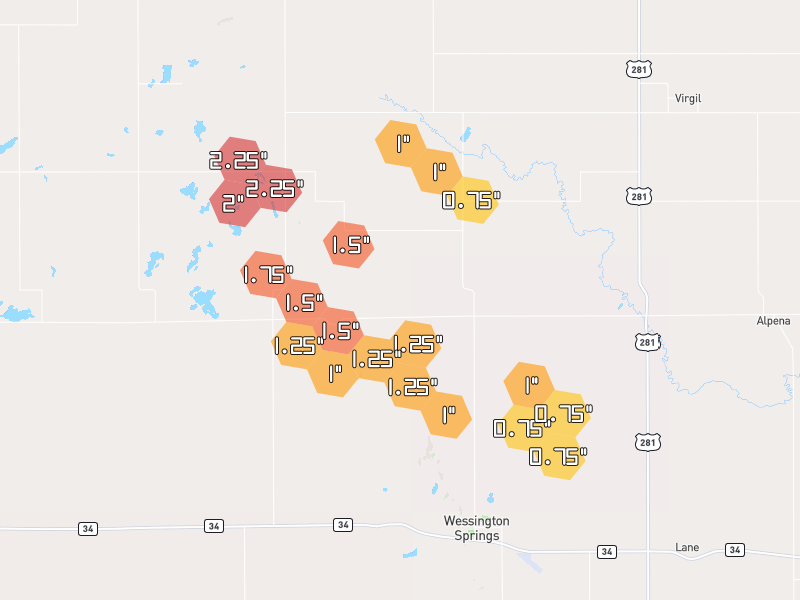 Hail map of Wessington Springs, SD on Jun 5, 2026, hail up to 2.25"