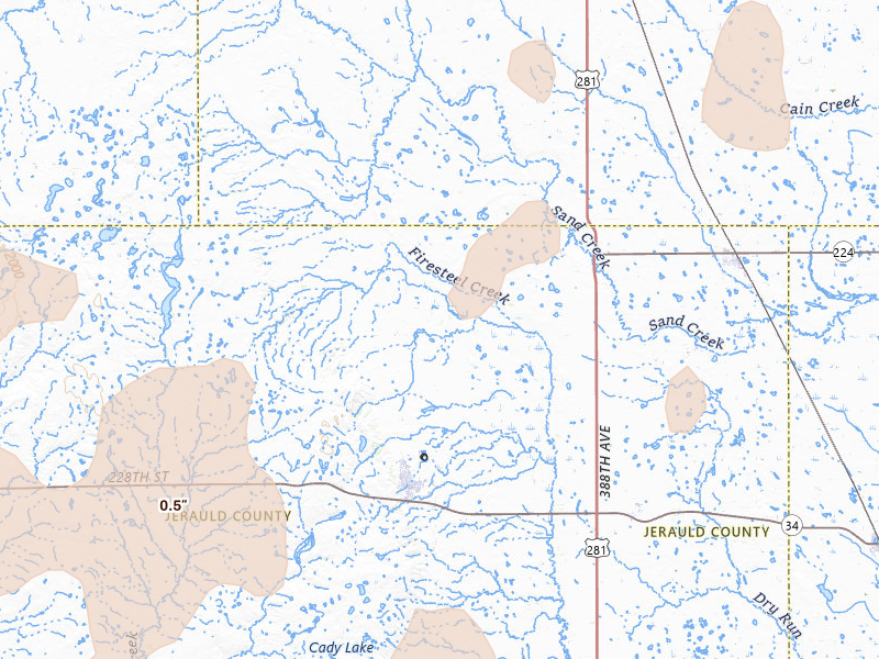 Radar-estimated hail-size map of the storm over Wessington Springs, SD on Jun 9, 2026