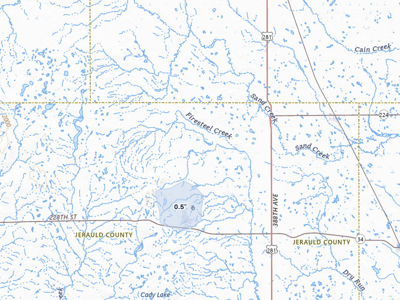 NEXRAD radar-signature map of the hail storm over Wessington Springs, SD on Jun 27, 2026