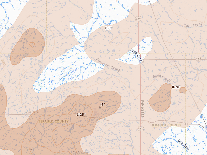 Radar-estimated hail-size map of the storm over Wessington Springs, SD on Jul 2, 2026