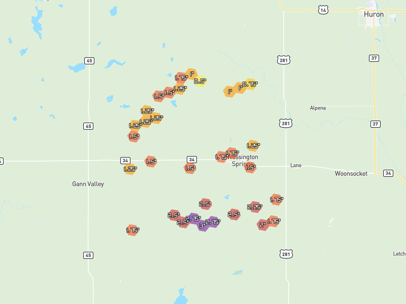 Hail map of Wessington Springs, SD on Jul 2, 2026, hail up to 3"