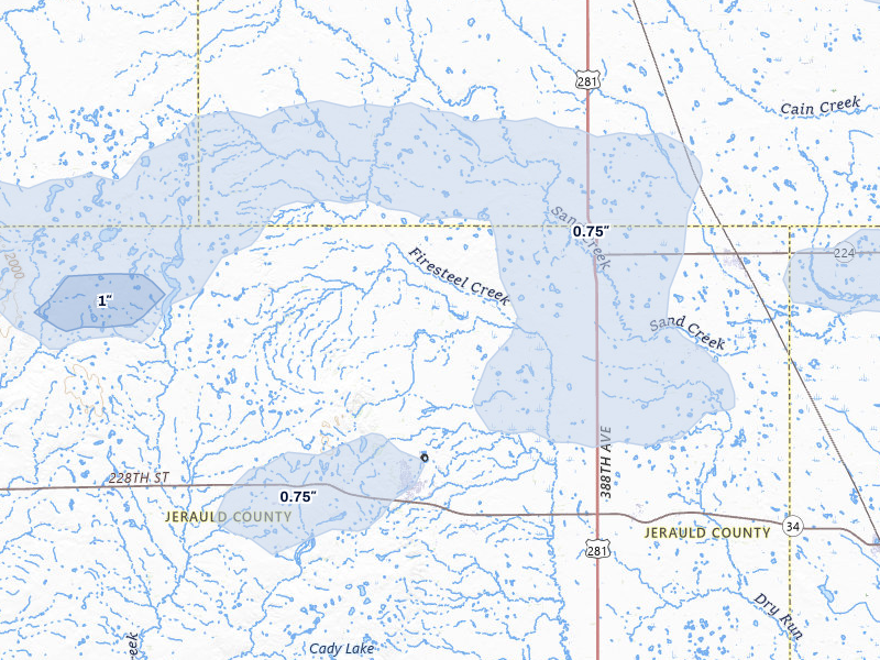 NEXRAD radar-signature map of the hail storm over Wessington Springs, SD on Jul 25, 2026