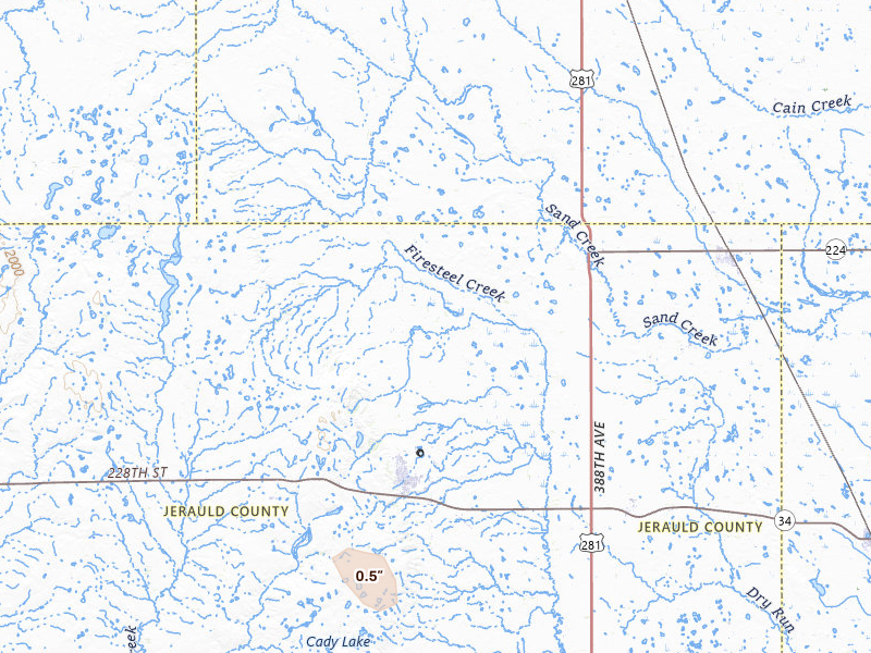 Radar-estimated hail-size map of the storm over Wessington Springs, SD on Jul 26, 2026