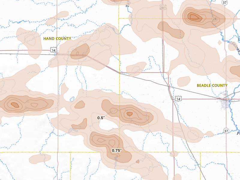 Radar-estimated hail-size map of the storm over Wessington, SD on Jun 4, 2026
