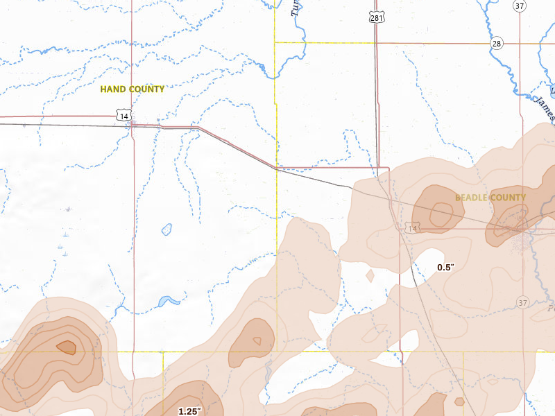 Radar-estimated hail-size map of the storm over Wessington, SD on Jul 2, 2026