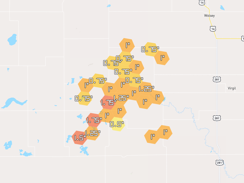 Hail map of Wessington, SD on Jul 2, 2026, hail up to 1.75"