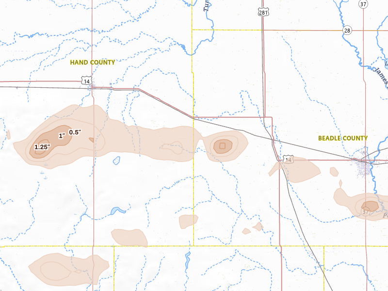 Radar-estimated hail-size map of the storm over Wessington, SD on Jul 25, 2026