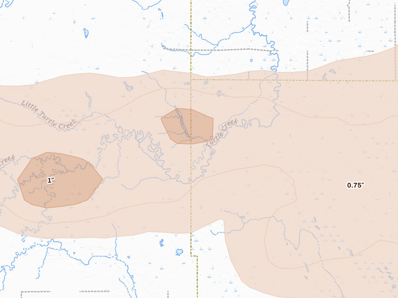 Radar-estimated hail-size map of the storm over Wessington, SD on Aug 28, 2026