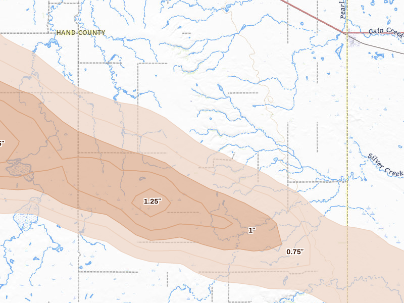 Radar-estimated hail-size map of the storm over Wessington, SD on Aug 29, 2026