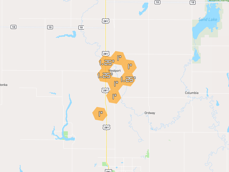 Hail map of Westport, SD on Jun 1, 2026, hail up to 1.25"