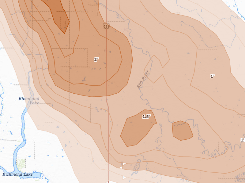 Radar-estimated hail-size map of the storm over Westport, SD on Jul 24, 2026