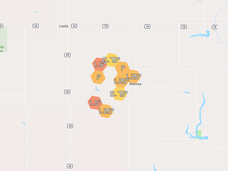 Hail map of Wetonka, SD on Jun 1, 2026, hail up to 1.5"