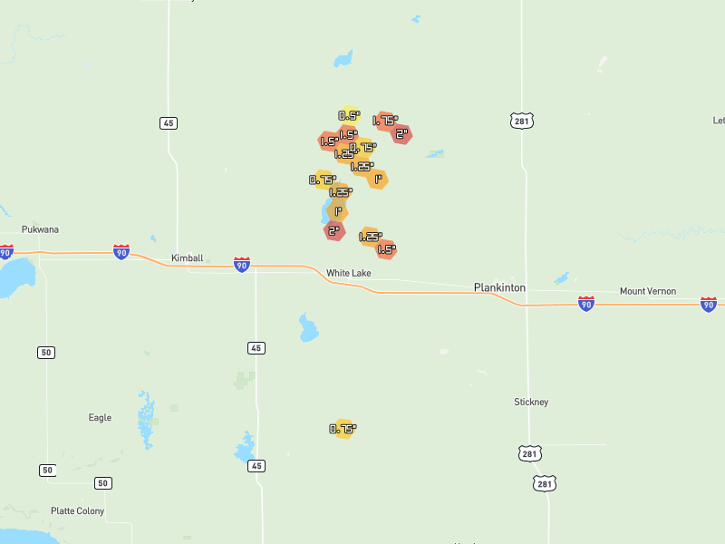 Hail map of White Lake, SD on Jun 4, 2026, hail up to 2"