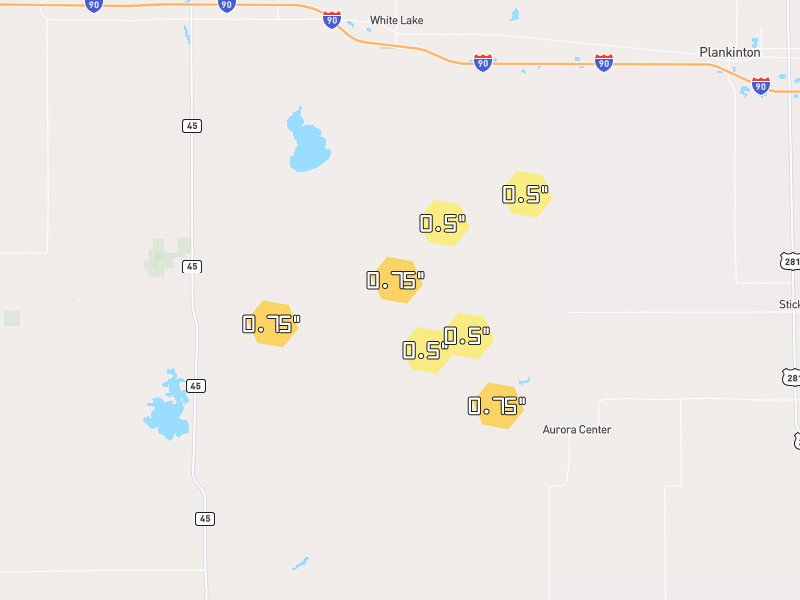 Hail map of White Lake, SD on Jul 1, 2026, hail up to 0.75"