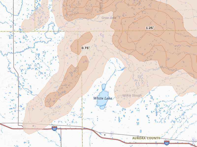 Radar-estimated hail-size map of the storm over White Lake, SD on Sep 4, 2026