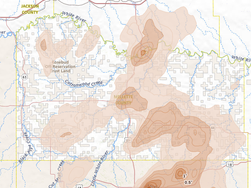 Radar-estimated hail-size map of the storm over White River, SD on Jun 2, 2026