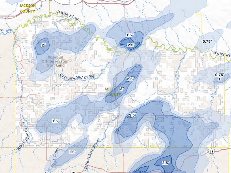 NEXRAD radar-signature map of the hail over White River, SD