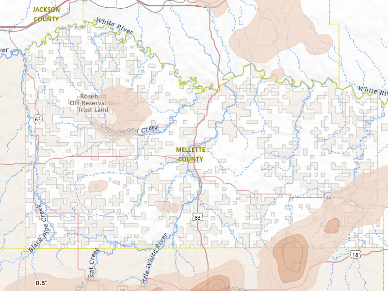 Radar-estimated hail-size map of the storm over White River, SD on Jun 4, 2026