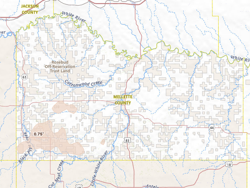 Radar-estimated hail-size map of the storm over White River, SD on Jun 20, 2026