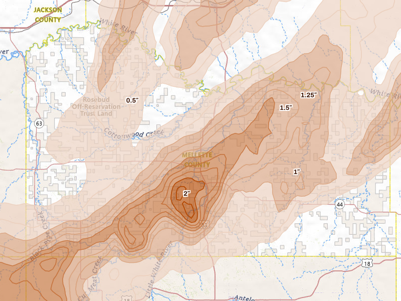 Radar-estimated hail-size map of the storm over White River, SD on Jun 28, 2026
