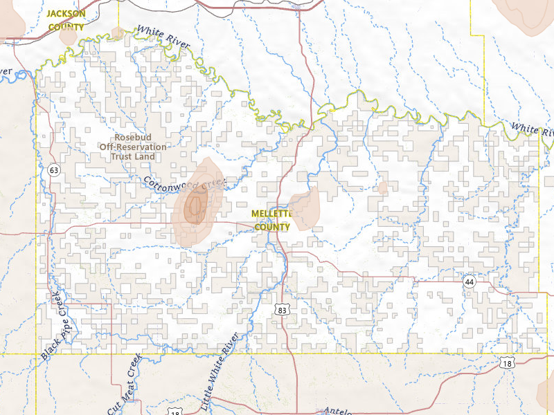 Radar-estimated hail-size map of the storm over White River, SD on Jul 2, 2026
