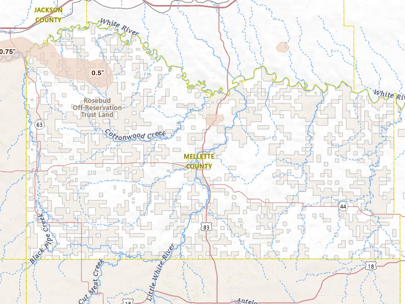Radar-estimated hail-size map of the storm over White River, SD on Jul 3, 2026