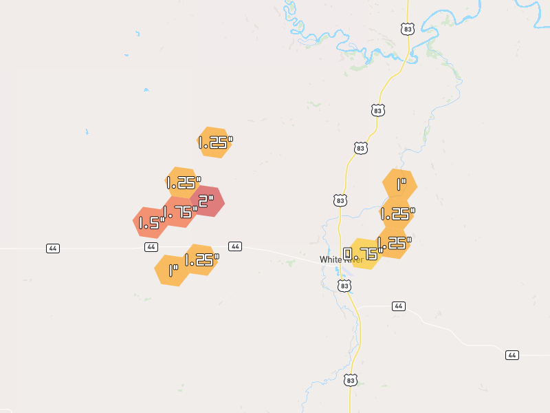 Hail map of White River, SD on Jul 3, 2026, hail up to 2"