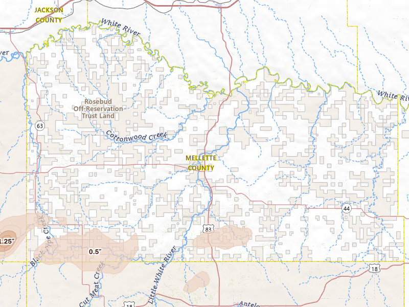 Radar-estimated hail-size map of the storm over White River, SD on Jul 30, 2026