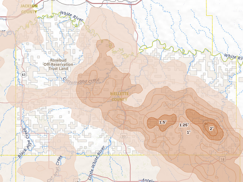 Radar-estimated hail-size map of the storm over White River, SD on Aug 11, 2026