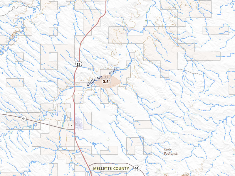 Radar-estimated hail-size map of the storm over White River, SD on Aug 18, 2026