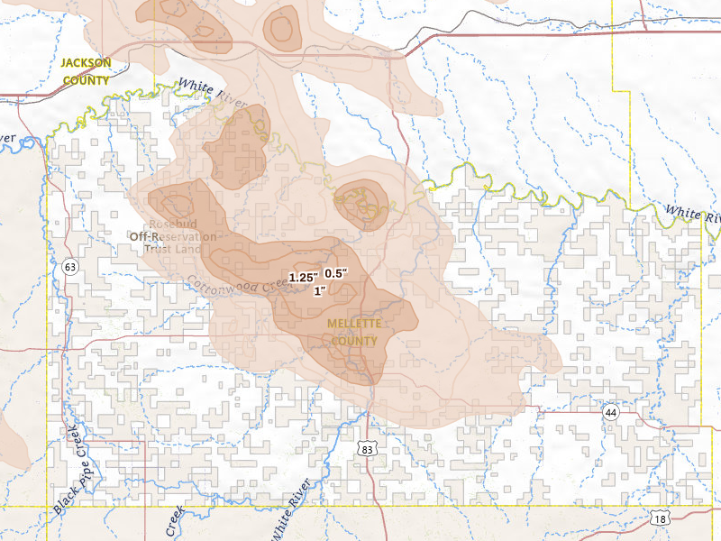 Radar-estimated hail-size map of the storm over White River, SD on Aug 24, 2026