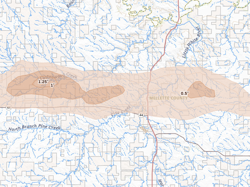 Radar-estimated hail-size map of the storm over White River, SD on Aug 27, 2026