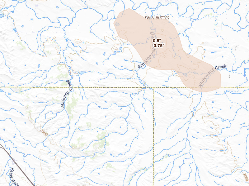Radar-estimated hail-size map of the storm over Whitewood, SD on May 31, 2026