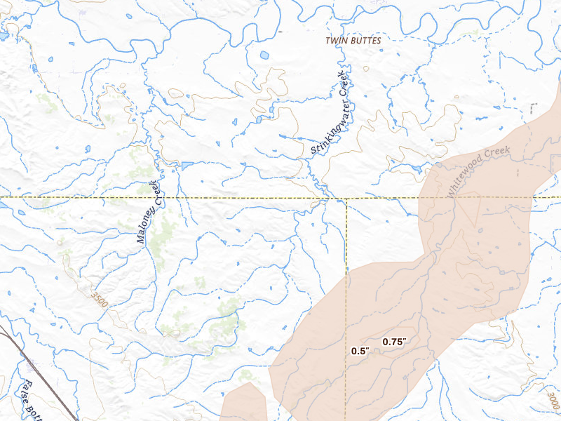 Radar-estimated hail-size map of the storm over Whitewood, SD on Jun 1, 2026