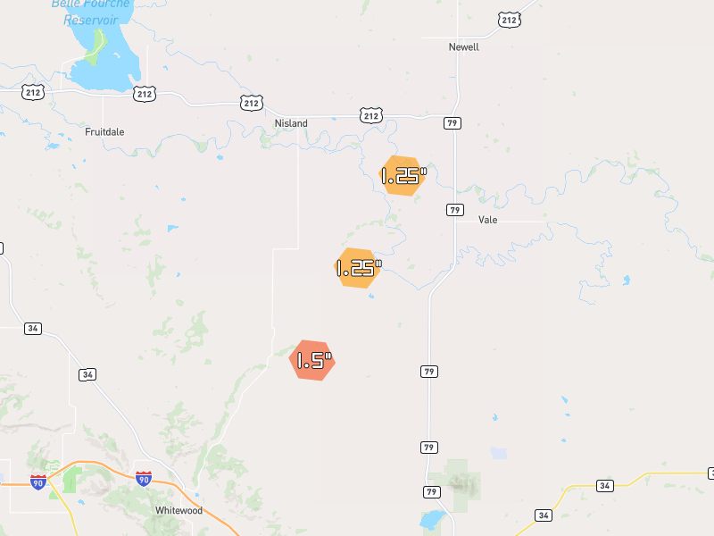 Hail map of Whitewood, SD on Jun 1, 2026, hail up to 1.5"