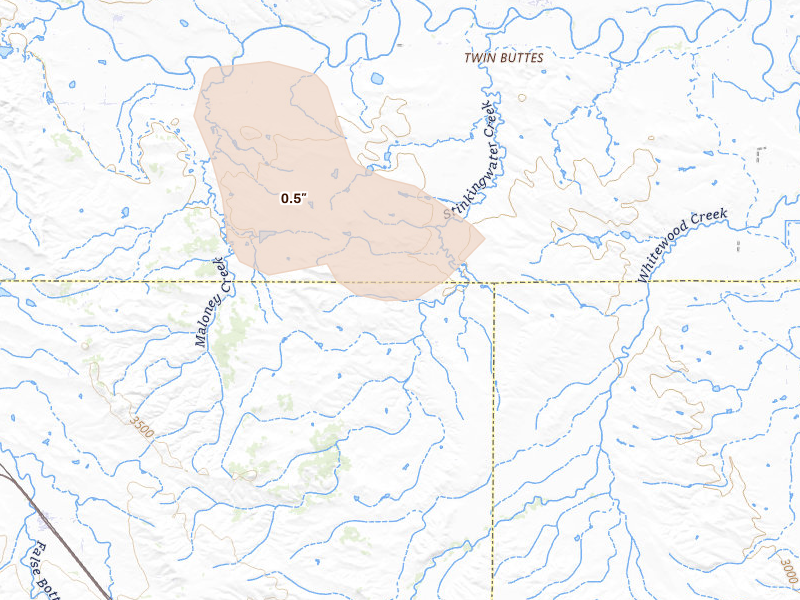 Radar-estimated hail-size map of the storm over Whitewood, SD on Jun 2, 2026
