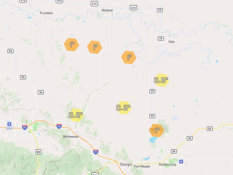 Hail map of Whitewood, SD on Jun 27, 2026, hail up to 1"