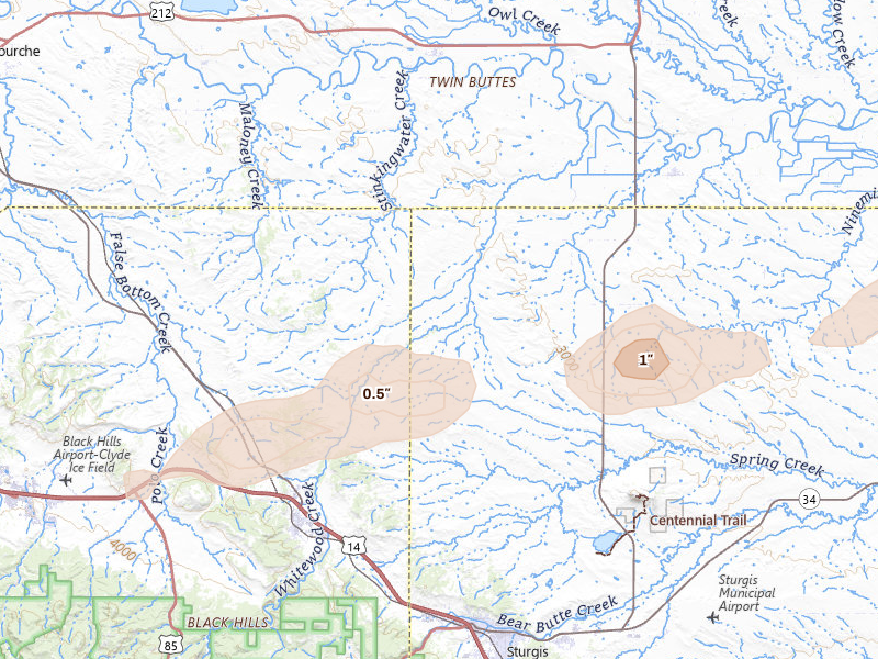 Radar-estimated hail-size map of the storm over Whitewood, SD on Jul 1, 2026