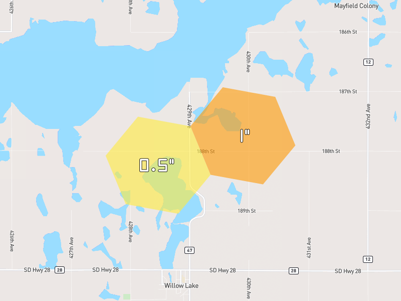 Hail map of Willow Lake, SD on Jun 3, 2026, hail up to 1"
