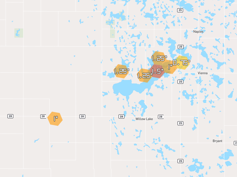 Hail map of Willow Lake, SD on Jun 5, 2026, hail up to 1.5"