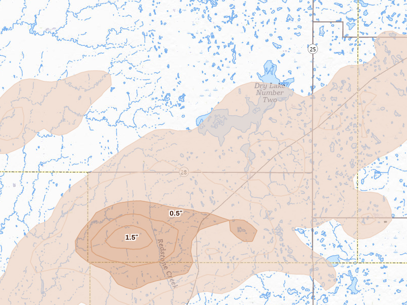 Radar-estimated hail-size map of the storm over Willow Lake, SD on Jul 2, 2026